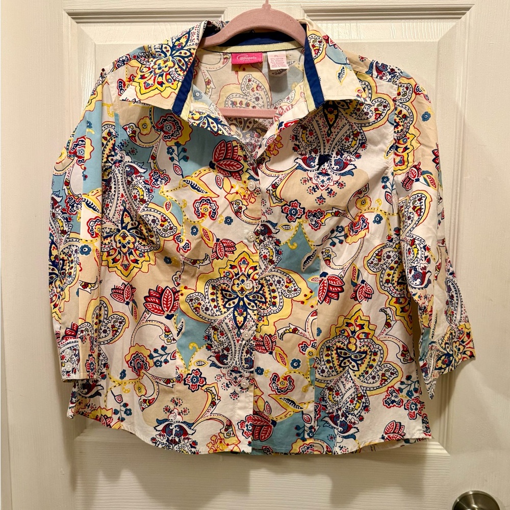 Pappagallo Multicolor Paisley Floral Blouse Cotton Button Up 3/4 Sleeves PL Read